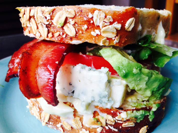 Blue Cheese BLT Sandwich Recipe. Grab blue cheese, avocado, bacon, and hearty bread. This is perfect for lunch or comfort food dinner treat. www.ChopHappy.com #sandwichrecipe #BLTrecipe