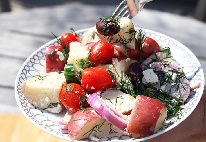 Greek Potato Salad Recipe. Great make-ahead recipe for the busy home cook. ChopHappy.com