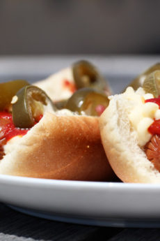 Spicy Hot Dog Recipe. Grab the beef hot dog, srisacha, pickled jalapenos, and hot dog bun. Happy grilling. www.ChopHappy.com #hotdogrecipe #spicyrecipe