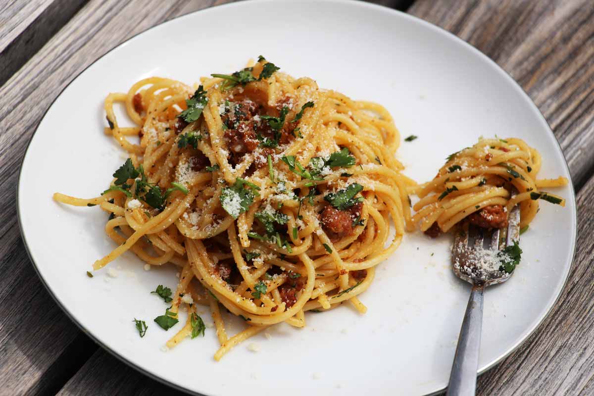 5 Ingredient Chorizo Carbonara Pasta - Chop Happy