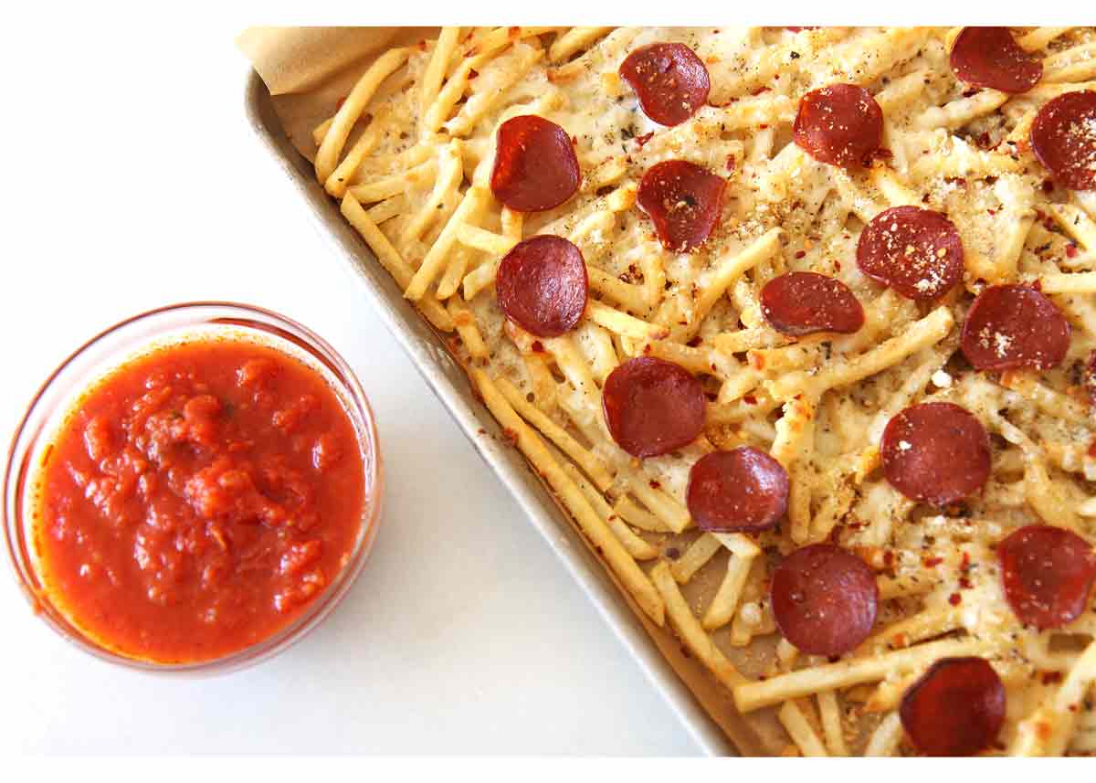 Pizza Fries Recipe that is so easy, quick, and will make your weeknights feel like a party. We took some awesome short cuts to make this recipe even easier. ChopHappy.com