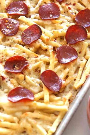 Pizza Fries Recipe that is so easy, quick, and will make your weeknights feel like a party. We took some awesome short cuts to make this recipe even easier. ChopHappy.com