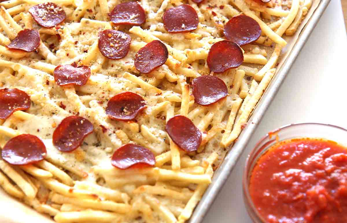 Pizza Fries Recipe that is so easy, quick, and will make your weeknights feel like a party. We took some awesome short cuts to make this recipe even easier. ChopHappy.com