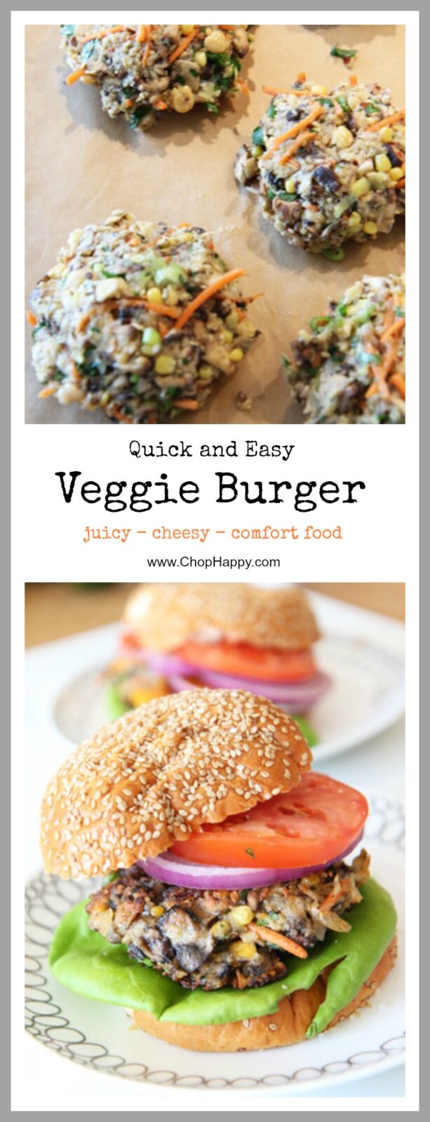 Easy Veggie Burger Recipe - that will make even a meat eater love this burger. The best part is you throw abunch of veggies, cheese, and eggs in a bowl and patties are ready quickly. www.ChopHappy.com