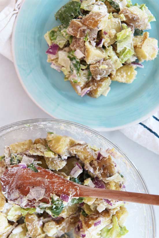 Caesar Parmesan Potato Salad Recipe. It is super simple creamy cheesy delish. ChopHappy.com