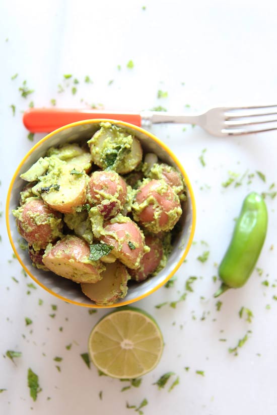 Avocado Potato Salad Recipe. Every bite is creamy, citrusy, and feels like a perfect union of guacamole and potato salad. Easy and fun to make. ChopHappy.com #avocadorecipe #potatosaladrecipe