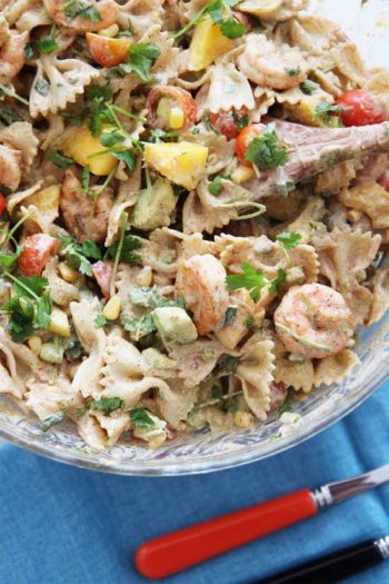 Shrimp Taco Pasta Recipe. This recipe is creamy, smokey, and so hearty good. Also a great quick dinner! There are leftovers you will crave for days. Feel free to substitute shrimp for leftover chicken, beef or veggies. www.chophappy.com