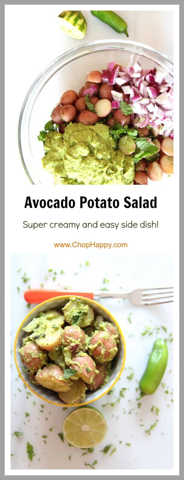 Avocado Potato Salad Recipe. Every bite is creamy, citrusy, and feels like a perfect union of guacamole and potato salad. Easy and fun to make. ChopHappy.com