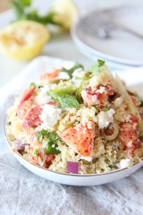 Lobster Couscous Recipe ( 10 minute meal)- alittle lobster and alot of veggies makes this bright lemony dish smile every bite. The key is to go high-low. A small amount of lobster mixed with fresh mint, salty feta, and garlicky couscous. l www.ChopHappy.com
