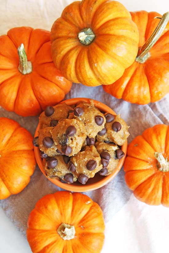 Pumpkin Spice Cookie Dough Recipe - is as easy as drop all the ingredients in the bowl, stir, and eat. Its decadent comfort food dessert. The best part is it is a sweet No-Bake dessert. www.ChopHappy.com