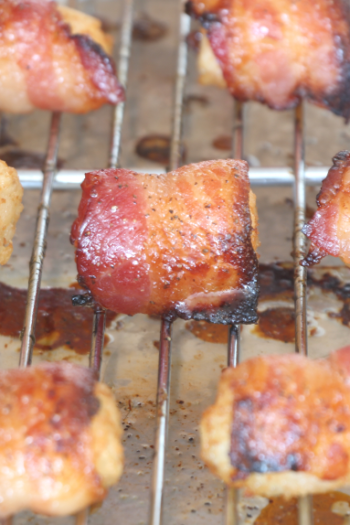 Bacon Wrapped Tater Tot Recipe - is the ultimate salty and sweet bacon wrapped starter. It is easy, you can prep it the night before, and so decadent. www.ChopHappy.com #bacon