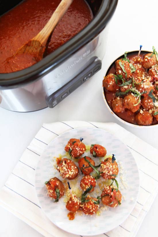 2 Ingredient Slow Cooker Meatballs Recipe - that is easy party food or Sunday family dinner. Grab sausage and sauce and comfort food love awaits. www.ChopHappy.com