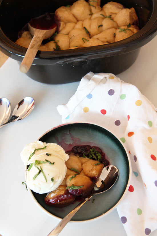 Slow Cooker Berry Cobbler Recipe- that is juicy sweet and flaky yummy. This is a super easy dessert. www.ChopHappy.com