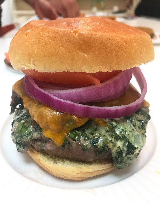 Spinach and Artichoke Dip Stuffed Burger Recipe that is amazingly easy and make ahead. This is fast #comfortfood love that you grill in 6 minutes. Happy Cooking! www.Chophappy.com #burgerrecipe #bestburger #spinachdip