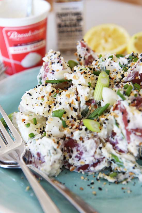 NYC Everything Bagel Potato Salad Recipe - that s creamy, make ahead, and easy to make. Fun bagel recipe becomes a starchy summer side dish. Happy Cooking. www.ChopHappy.com