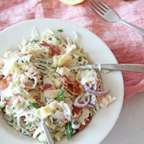 Bacon Blue Cheese Cole Slaw Recipe. This is super easy, make ahead and super creamy easy. www.ChopHappy.com #coleslaw #comfortfood #bluecheese