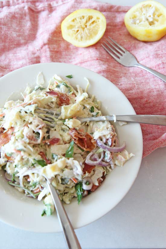 Bacon Blue Cheese Cole Slaw Recipe. This is super easy, make ahead and super creamy easy. www.ChopHappy.com #coleslaw #comfortfood #picnicrecipe