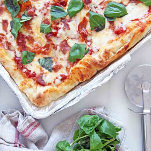 Sheet Pan Stuffed Crust Pizza (cheesy happy dinner smiles) Recipe. Grab a slice of #NYCpizza at home. This is easy quick weeknight recipe that your family will smile for. Happy #Pizza cooking! www.ChopHappy.com