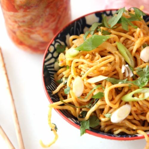 Kimchi Ramen Stir Fry (easy quick long day dinner). Grab your #kimchi, your #ramen, and dinner is ready. www.ChopHappy.com