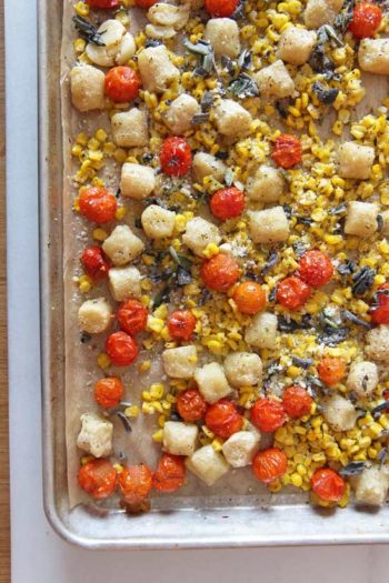 Sheet Tray Gnocchi Dinner Recipe. This is done in 20 minutes, easy weeknight recipe. Grab #gnocchi from the freezer, #veggies, #butter, and cheese. The sheet tray does all the work! Happy Cooking! #simplerecipes #dinner