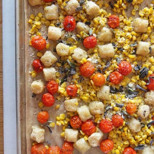 Sheet Tray Gnocchi Dinner Recipe. This is done in 20 minutes, easy weeknight recipe. Grab #gnocchi from the freezer, #veggies, #butter, and cheese. The sheet tray does all the work! Happy Cooking! #simplerecipes #dinner