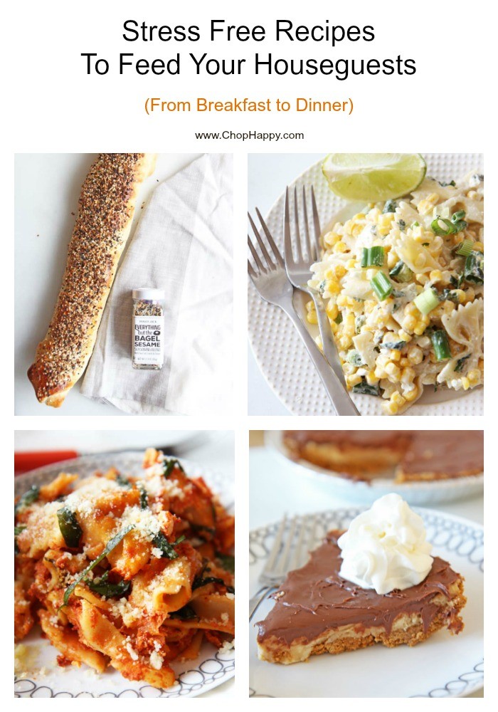 Stress Free Recipes To Feed Your Houseguests (From Breakfast to Dinner). From bagel stromboli, pasta in the slow cooker, and no bake peanut butter pie. Happy Cooking!
