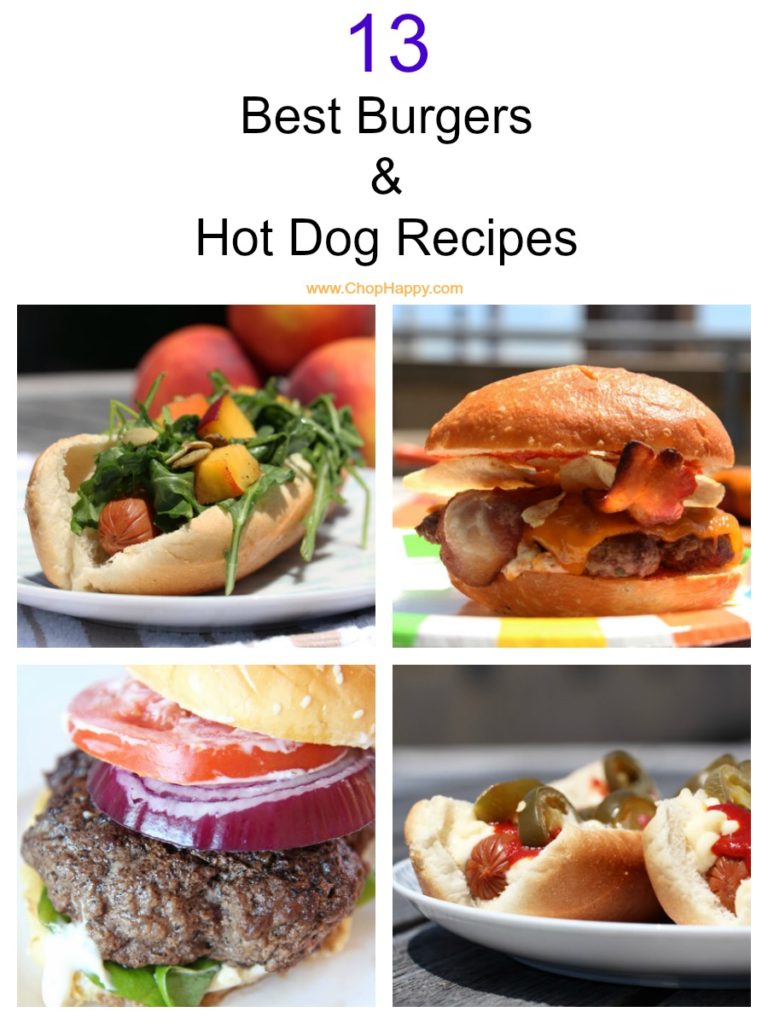 13 Best Burgers and Hot Dog Recipes that are so easy. Grab your beef hot dog, juicy burger, and all the toppings. We created brown butter burger, blt hot dog, spicy burger with jack cheese, and other favorites. Happy Grillinfg! www.ChopHappy.com #burger #hotdog #grillingrecipe