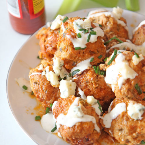 Slow Cooker Buffalo Chicken Meatballs Recipe. Grab chicken, ricotta, celery, eggs, bread crumbs, blue cheese, parsley, and ranch dressing. This is an easy dinner idea for when it is a busy weeknight! Happy cooking! #slowcookerrecipe #chickenmeatballs