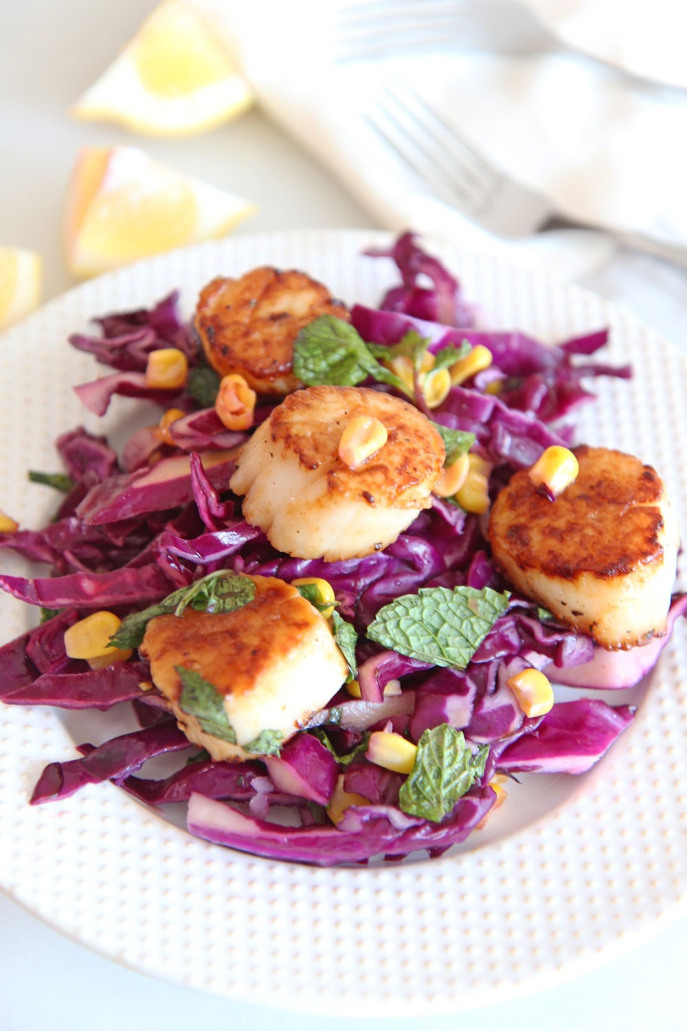 Scallops and Quick Cabbage Corn Slaw - Chop Happy