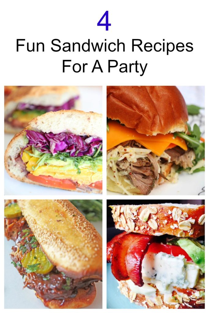 4 Fun Sandwich Recipes For A Party. No need to make tons of individual portions. These huge sandwiches feed a crowd. We have huge veggie sandwich, pulled pork sandwich in slow cooker, Blue cheese BLT sandwich, and BBQ pork rib sandwich on garlic bread. Happy carb eating. www.Chophappy.com #sandwichrecipe #partyideas