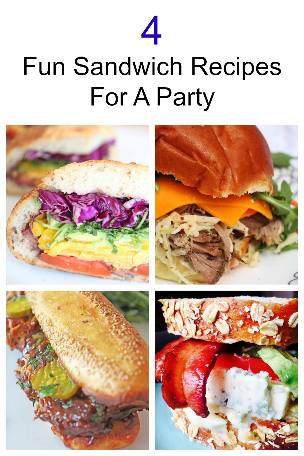 4 Fun Sandwich Recipes For A Party. No need to make tons of individual portions. These huge sandwiches feed a crowd. We have huge veggie sandwich, pulled pork sandwich in slow cooker, Blue cheese BLT sandwich, and BBQ pork rib sandwich on garlic bread. Happy carb eating. www.Chophappy.com #sandwichrecipe #partyideas
