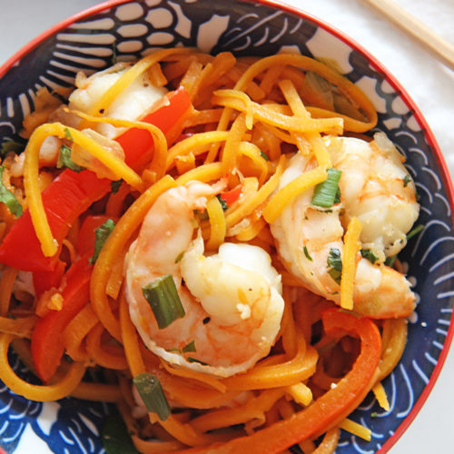 Shrimp Zoodles Lomein Recipe. Grab zoodles, garlic, scallions, bell peppers and cilantro. Also the suace of soy sauce, vinegar, hoisin sauce, and sriracha. Happy easy weeknight dinner making. www.ChopHappy.com #zoodlesrecipe #lomeinrecipe