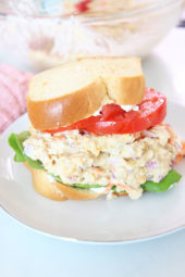 Chickpea Tuna Salad Recipe. This is a popular vegan recipe. I add Greek yogurt but you can easily use vegan mayo too. This is a hearty creamy lunch idea or salad recipe! Happy Cooking! www.ChopHappy.com #chickpeas #vegatarianrecipe