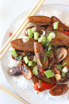 Quick Stir Fry Garlic Eggplant Recipe. Grab ginger garlic, hosin sauce, soy sauce, and eggplant. This is a quick 15 minute dinner. My favorite Sunday dinner. www.ChopHappy.com #eggplant #stirfry
