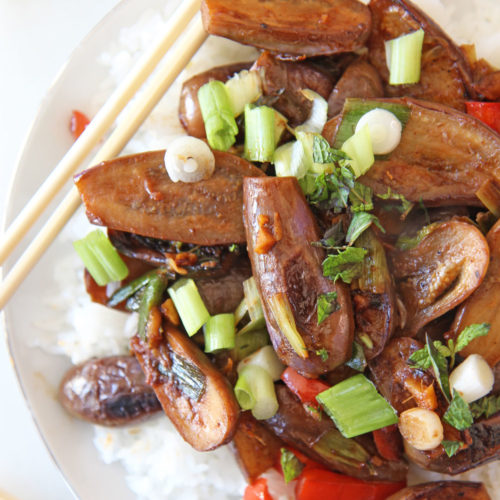 Quick Stir Fry Garlic Eggplant Recipe. Grab ginger garlic, hosin sauce, soy sauce, and eggplant. This is a quick 15 minute dinner. My favorite Sunday dinner. www.ChopHappy.com #eggplant #stirfry