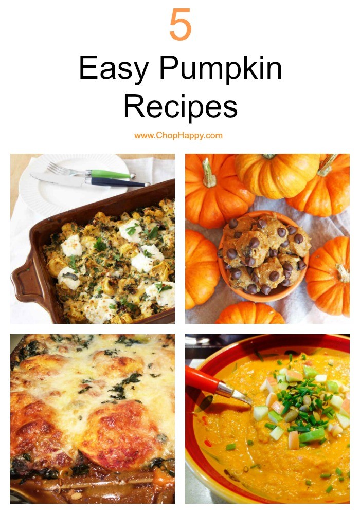 5 Easy Pumpkin Recipes. Get your pumpkin cravings with lasagna, pasta bake, pumpkin soup, and cookie dough. www.ChopHappy.com #pumpkin #pumpkinrecipes 