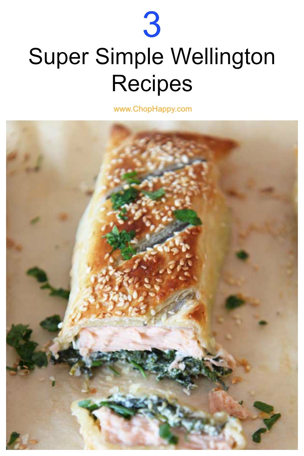 3 Simple Wellington Recipes all done on a sheet pan. All 3 dinner recipes are super easy and wrapped in buttery puff pastry. We have salmon, stuffed mushroom, and traditional beef Wellington. Perfect for holiday parties, dinner parties, or just family dinner time. Happy Cooking! www.ChopHappy.com #BeefWellington #sheetpandinner