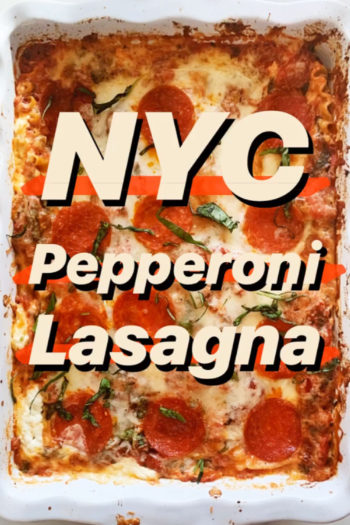 Pepperoni Pizza Lasagna Recipe. Easy fast and gluten free pasta! Like eating NYC pepperoni pizza. Happy Cooking! www.ChopHappy.com #lasagnarecipe #pizza