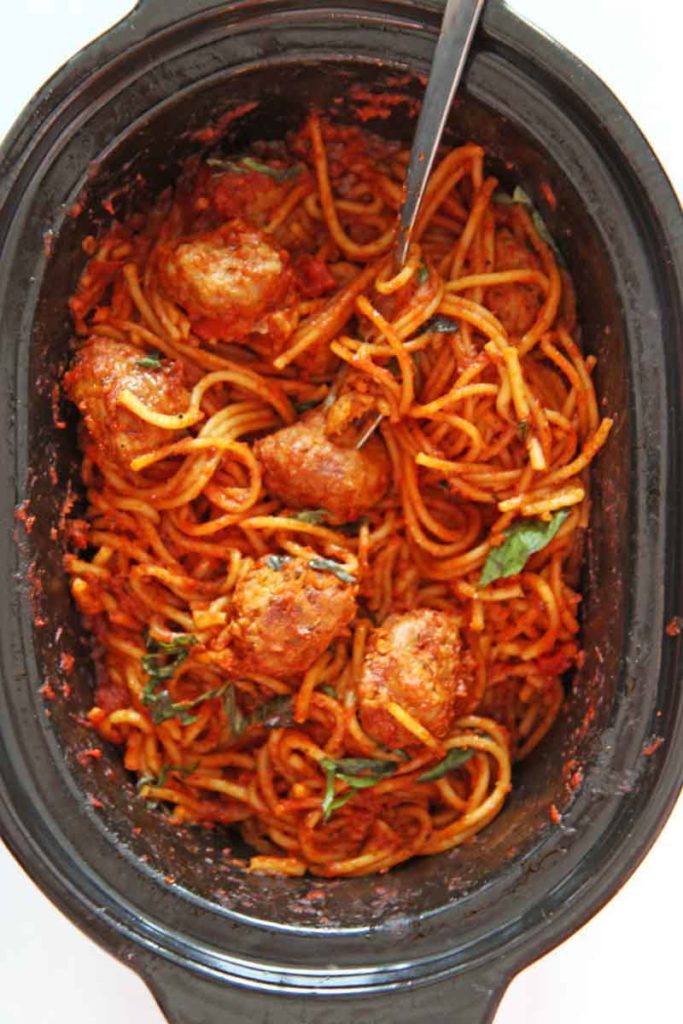 Slow Cooker Spaghetti and Meatballs (3 Ingredient Recipe) - Chop Happy