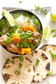 Slow Cooker Pork and Sweet Potato Salsa Verde Recipe. This is a five ingredient dinner recipe that is ready when you get home from work. You can make this into tacos, burrito bowls, or soup if you add chicken broth. Happy Cooking! www.ChopHappy.com #salsaverde #poekrecipe