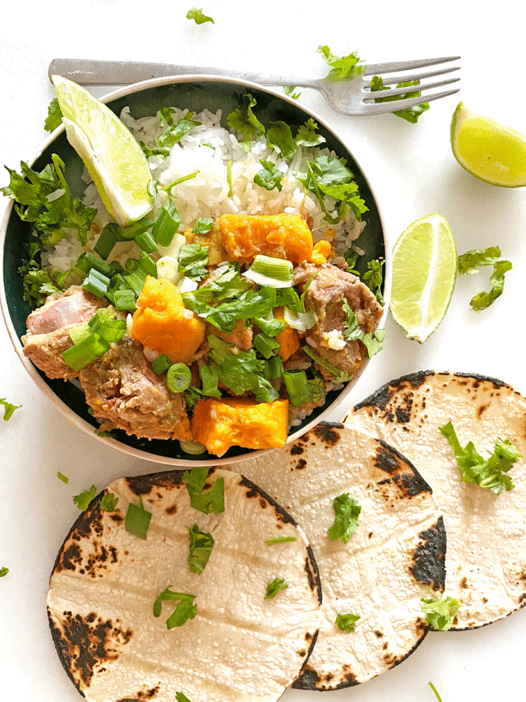 Slow Cooker Pork and Sweet Potato Salsa Verde Recipe. This is a five ingredient dinner recipe that is ready when you get home from work. You can make this into tacos, burrito bowls, or soup if you add chicken broth. Happy Cooking! www.ChopHappy.com #salsaverde #poekrecipe