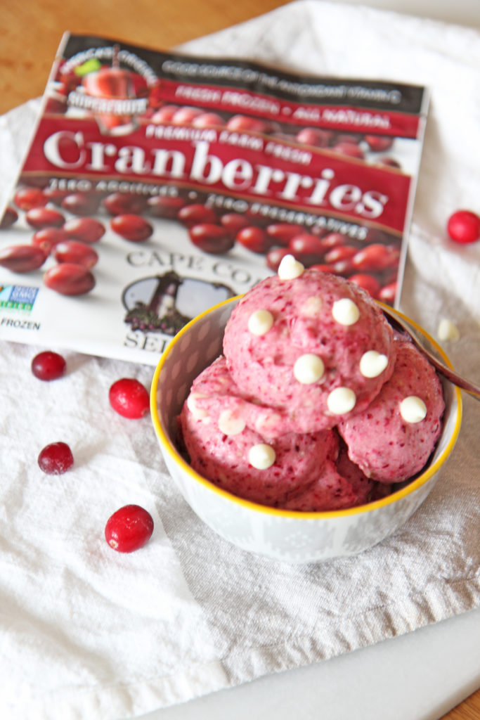 3 Ingredient Frozen Cranberry White Chocolate Ice Cream. Just cranberries, bananas, and white chocolate chips in this recipe. Easy ice cream with no churn or machines. Happy Dessert Making! www.ChopHappy.com #cranberryRecipes #icecream