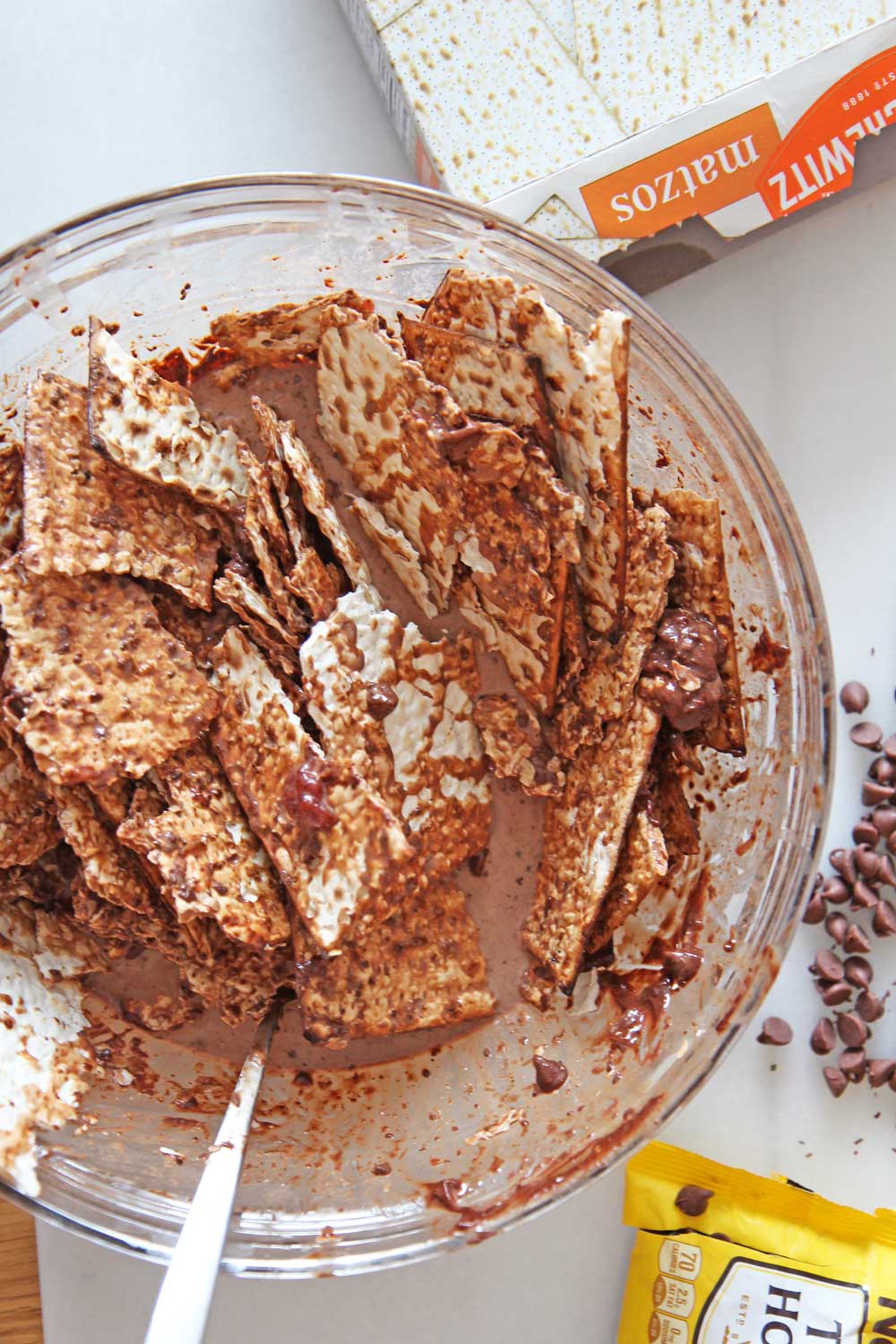 Triple Chocolate Matzo Bread Pudding Recipe. Matzo, Nutella, chocolate chips, cocoa powder make this so dessert fabulous. This is a perfect dessert for Passover and is make ahead easy. Happy Passover! www.ChopHappy.com #matzodessert #PassoverDessert