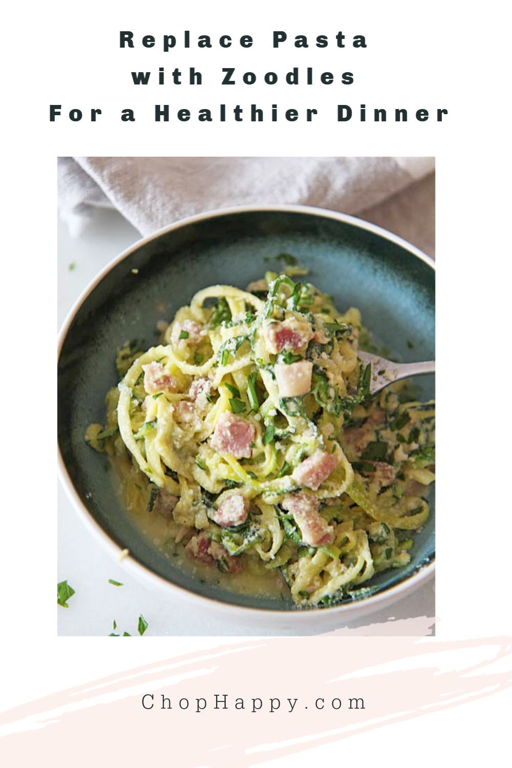 Replace Pasta with Zoodles For a Healthier Dinner. Zoodles can be made from zucchinii, carrots, squash, and any vegetables. It cooks in 30 seconds and is so much healthier. Happy healthy eating! www.ChopHappy.com #zoodles #heathyeatingtips