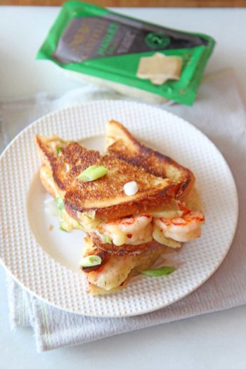 Shrimp and Dill Havarti Grilled Cheese Recipe. Bread, Castello Dill Havarti, mayo, lemon and scallions are all you need. This is a fast crunchy cheesy comfort food delight for a happy dinner. Happy Grilled Cheese Eating! www.ChopHappy.com #Ad #CastelloCheese #GrilledCheese