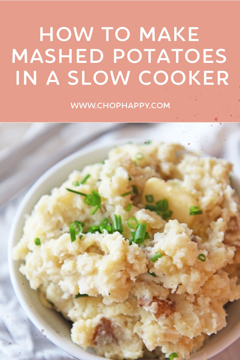 How to Make Mashed Potatoes in a Slow Cooker. Grab potatoes, broth, sour cream, and cheese. This is perfect for the holidays and busy day recipes. www.ChopHappy.com #howtomakemashedpotatoes #slowcookermashedpotatoes