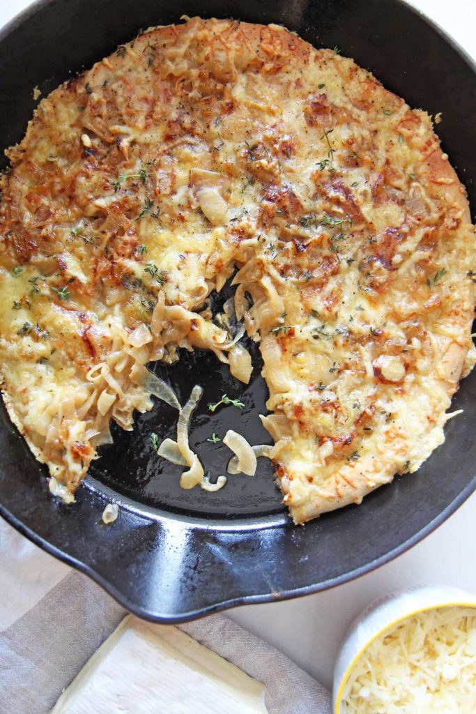 French Onion Soup Pizza. Add caramelized onions, pizza dough, Dijon, and lots of cheese. Easy pizza recipe at home. www.ChopHappy.com #howtomakepizza #Frenchonionsoup