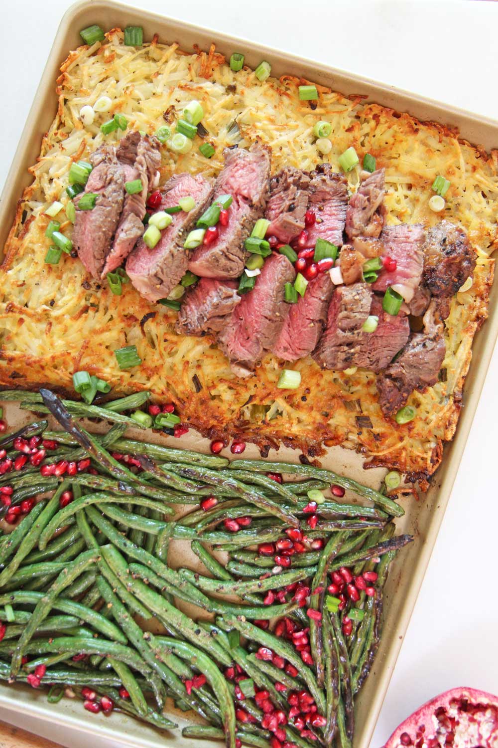 Full Holiday Dinner on a Sheet Pan. Steak and Potatoes for Christmas or Hanukkah. This is a full holiday dinner on a sheet pan. Happy Holidays! www.ChopHappy.com #Christmasdinner #sheetpandinner
