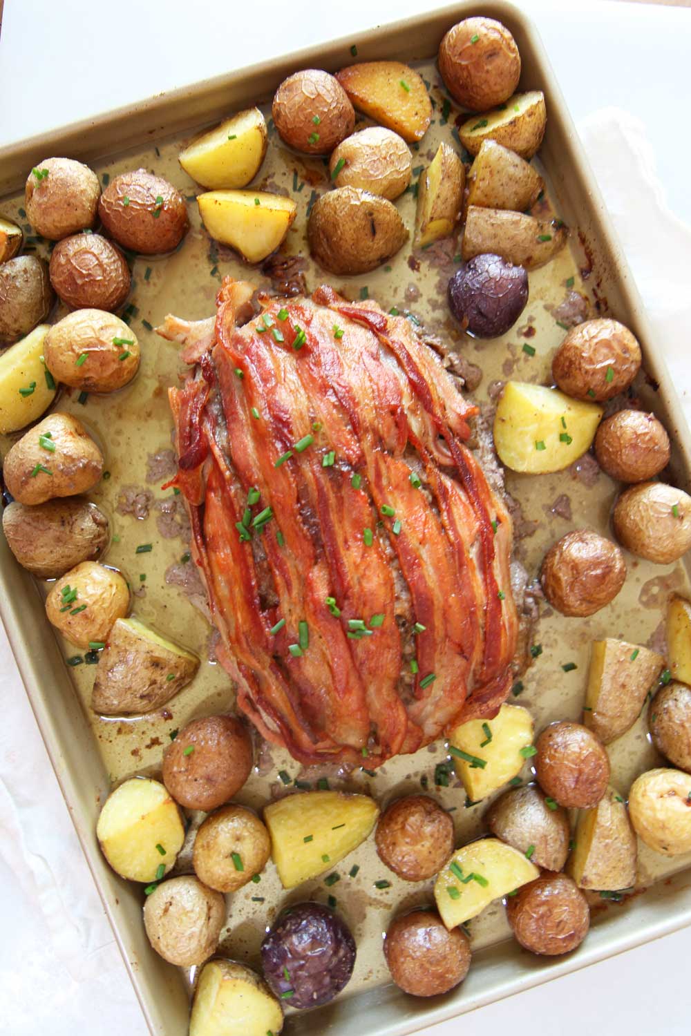 Bacon Meatloaf and Potato Sheet Pan Recipes. The whole meal is done on a sheet pan. The meatloaf is infused with bacon and bacon on top! This is a perfect Christmas dinner, Sunday dinner, or birthday recipes. Happy Cooking! www.ChopHappy.com #baconrecipe #meatloafrecipe