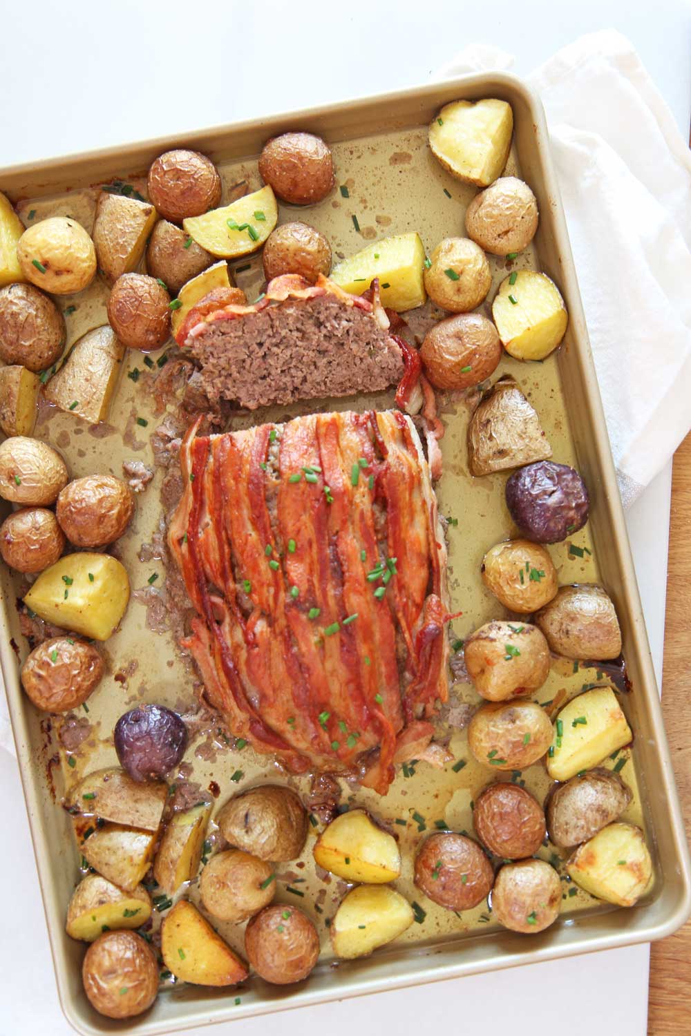 Bacon Meatloaf and Potato Sheet Pan Recipes. The whole meal is done on a sheet pan. The meatloaf is infused with bacon and bacon on top! This is a perfect Christmas dinner, Sunday dinner, or birthday recipes. Happy Cooking! www.ChopHappy.com #baconrecipe #meatloafrecipe